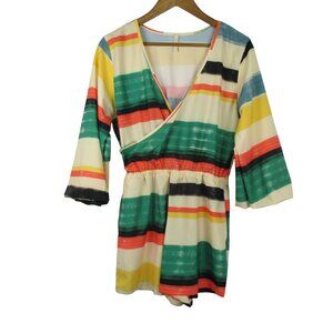 Smeralda Colorful Stripe Faux Wrap Floral Jumper Playsuit Romper Size S Boho